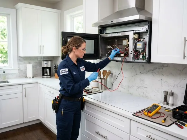 Appliance Repair Hero technician testing an over-the-range microwave in a Blairs, VA kitchen
